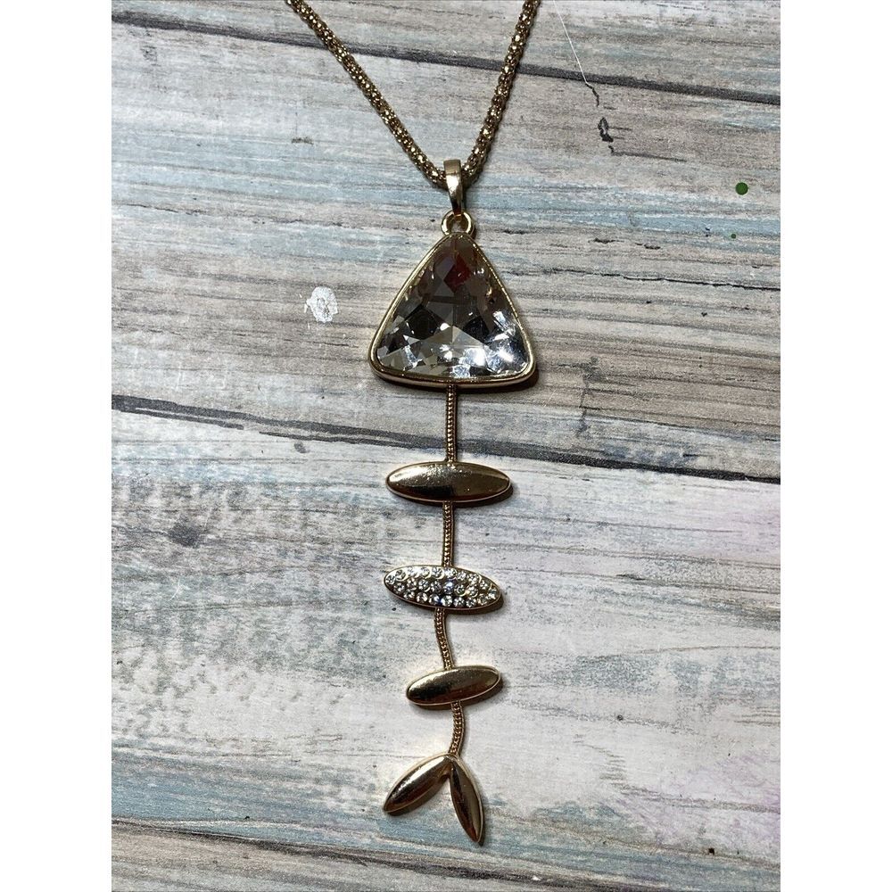 Fish Bones Pendant Necklace Long Popcorn Chain 28" Rhinestone Crystals Y shape‎